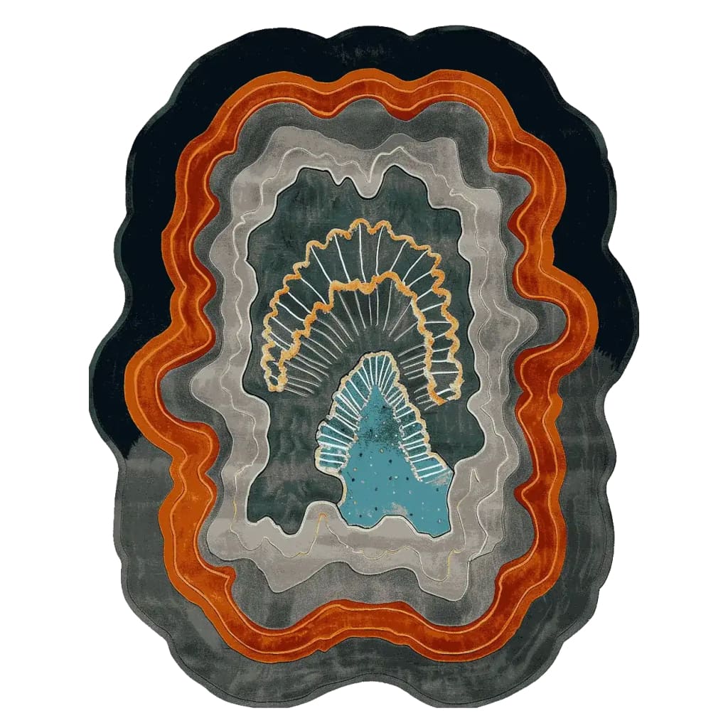 Top view of the Earth Rift Flow Hand Tufted Area Rug, showcasing a contemporary design with vibrant orange, grey, and teal patterns. Perfect for large living rooms, this wool rug adds a dramatic touch to any space, making it a standout piece among rugs for living room decor.