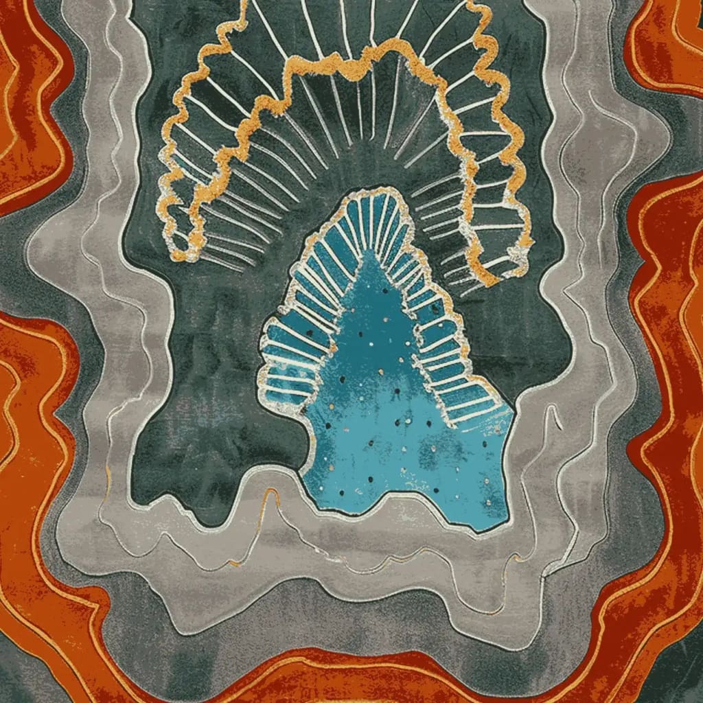 Top view of the Earth Rift Flow Hand Tufted Rug, an area rug perfect for a contemporary living room. The design features abstract waves in shades of blue, grey, and orange, resembling geological layers. This large living room rug is made of high-quality wool, offering a stylish and modern touch to any space.