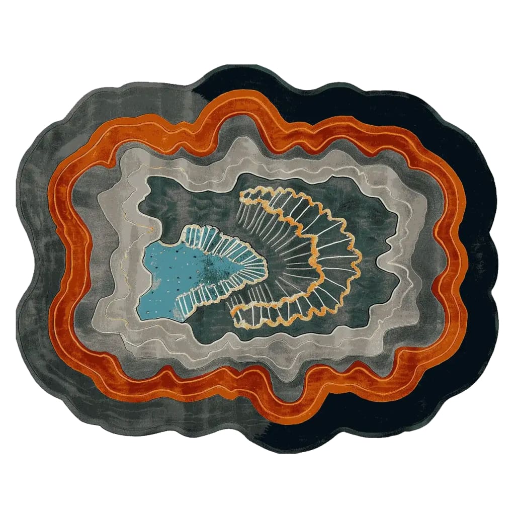 A vibrant hand-tufted area rug featuring an abstract design with concentric layers in shades of orange, blue, gray, and black. Perfect for adding a contemporary touch to any living room, this large wool rug offers a striking centerpiece for modern home decor.