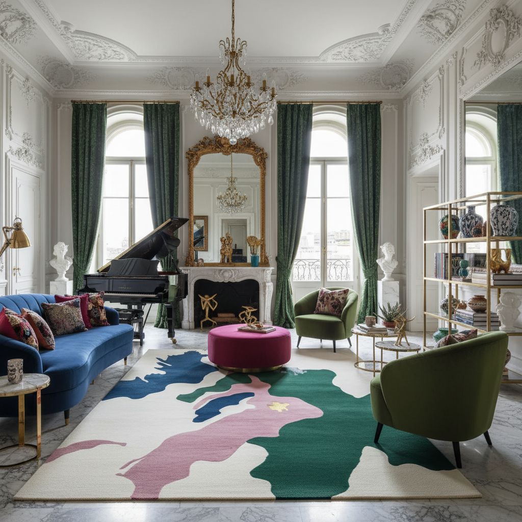 Luxurious living room with a grand piano, colorful rug, and ornate decor.