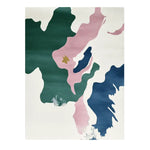 This image showcases the Earth Tone Poise Hand Tufted Area Rug, a contemporary rug ideal for large living rooms. The wool rug features an abstract design with bold splashes of green, pink, and blue set against a neutral background, creating a modern aesthetic.