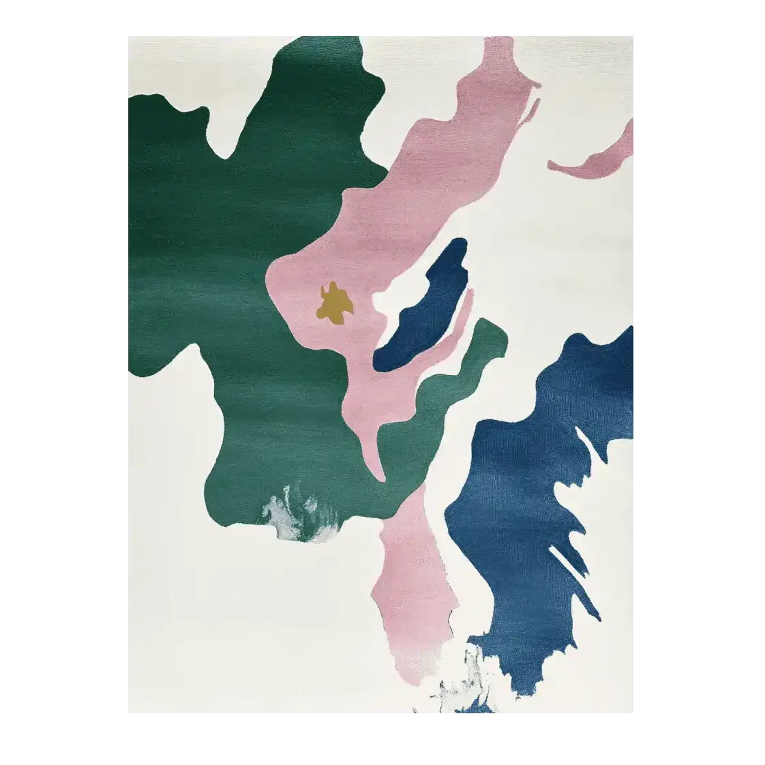 This image showcases the Earth Tone Poise Hand Tufted Area Rug, a contemporary rug ideal for large living rooms. The wool rug features an abstract design with bold splashes of green, pink, and blue set against a neutral background, creating a modern aesthetic.