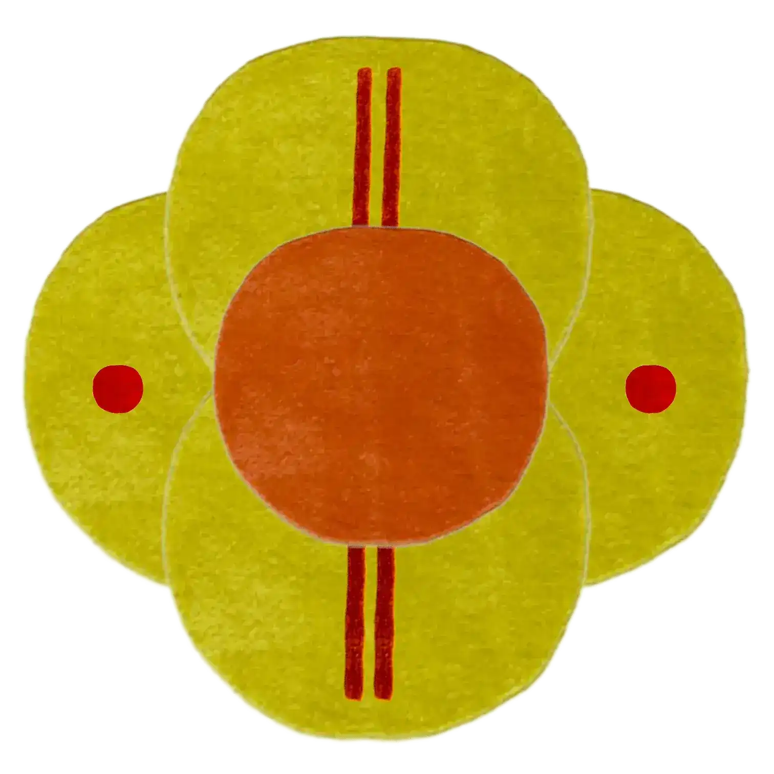 A vibrant round wool area rug titled 'Eastern Sun over Horizon' featuring a striking abstract design. Perfect for adding a pop of color to your living room or bedroom, this hand-tufted rug combines warm orange and yellow hues, with red accents, creating a unique focal point for any space. Ideal for those seeking stylish rugs for living room or bedroom, this round rug enhances the aesthetic of living room area rugs.