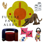 Vibrant round area rug in an abstract design, perfect for adding a pop of color in living rooms or bedrooms. This hand-tufted wool rug features bold orange and yellow hues, creating a striking centerpiece among stylish decor elements like a leopard sculpture, colorful pillows, and a unique chair.