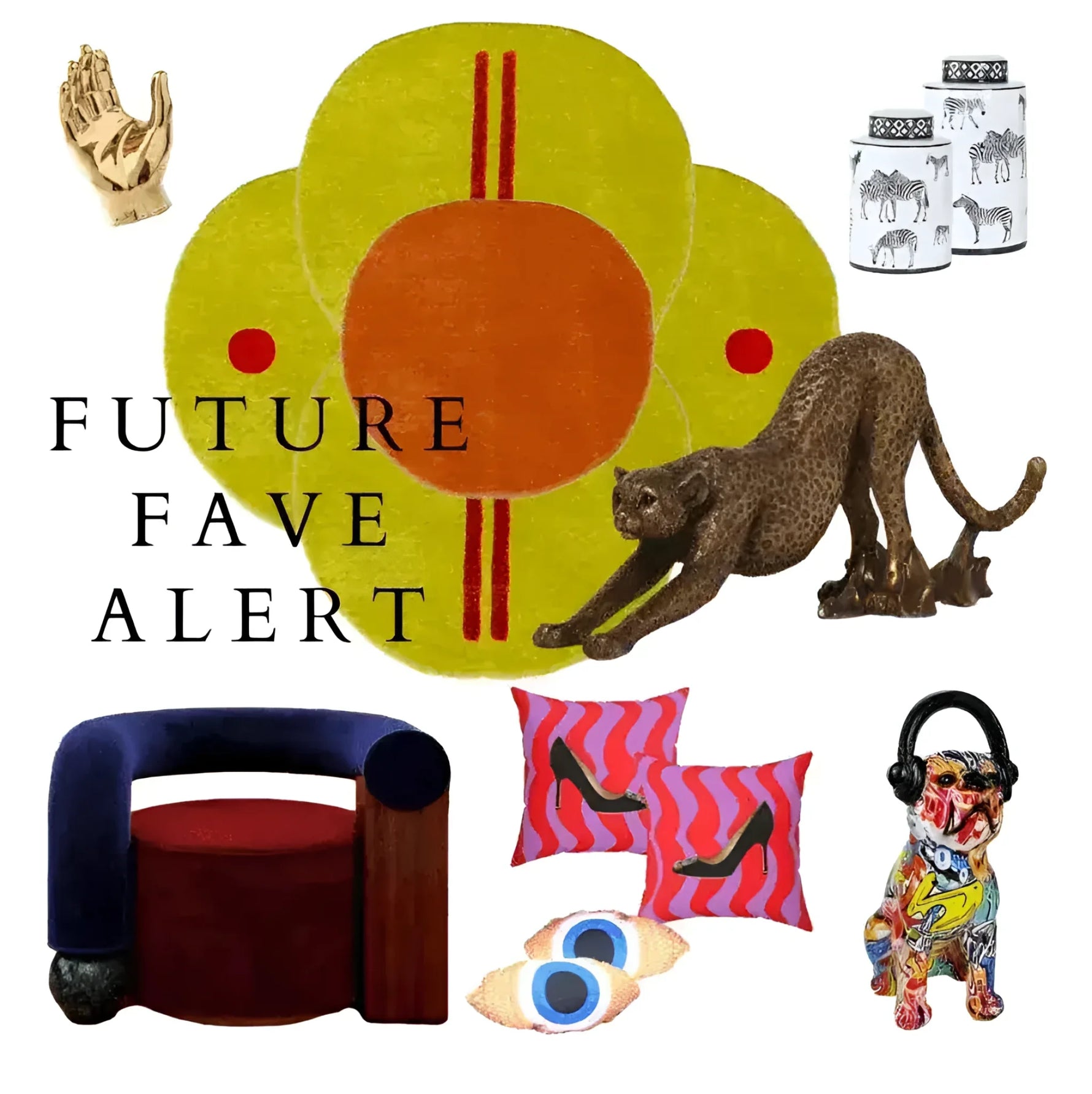 Vibrant round area rug in an abstract design, perfect for adding a pop of color in living rooms or bedrooms. This hand-tufted wool rug features bold orange and yellow hues, creating a striking centerpiece among stylish decor elements like a leopard sculpture, colorful pillows, and a unique chair.