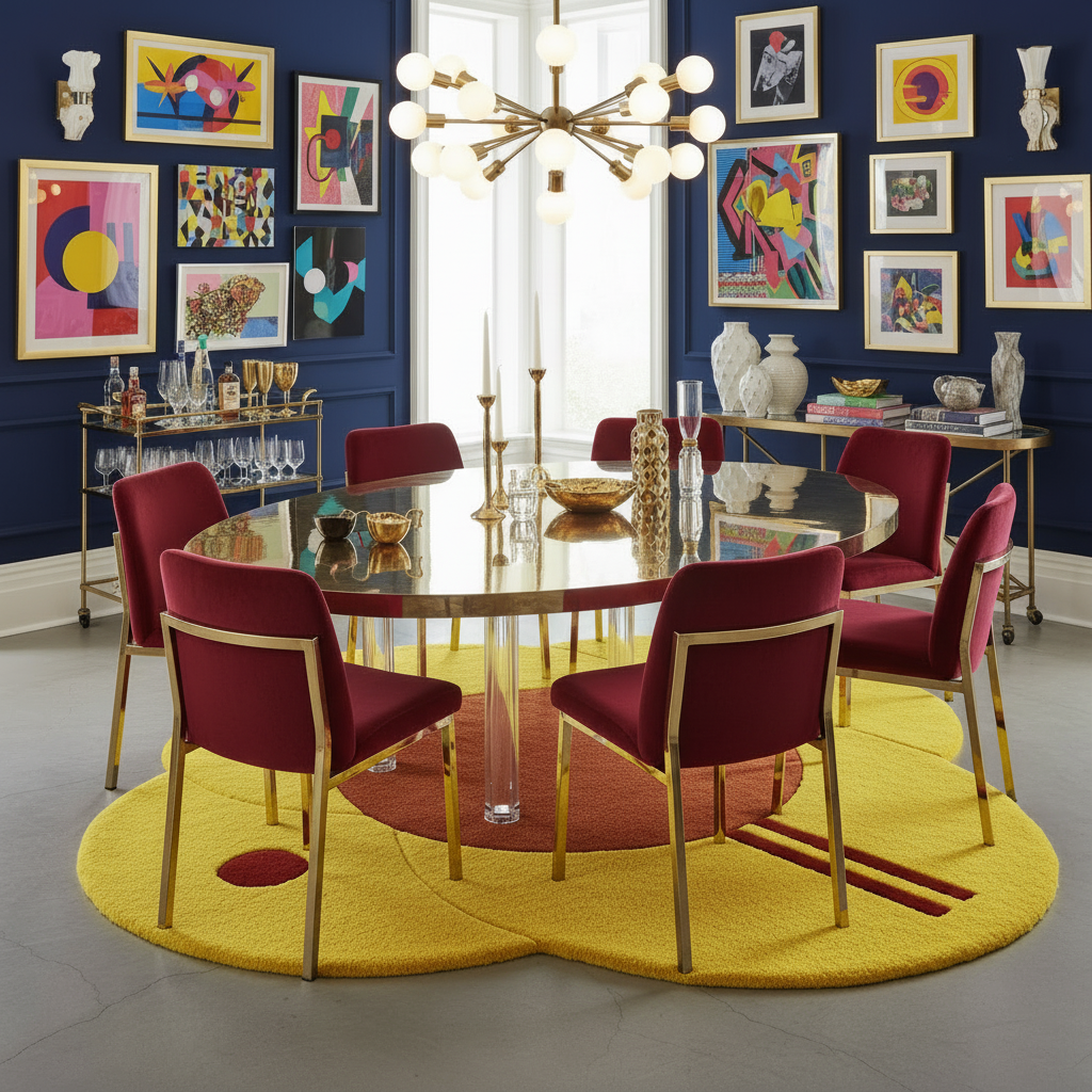 Dining room with a round table, red chairs, and colorful yellow rug on the floor.