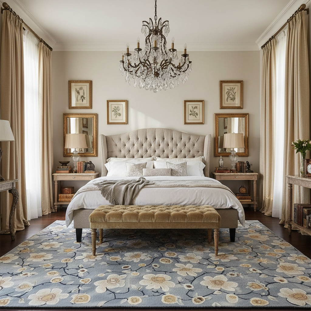 Luxurious bedroom with a chandelier, tufted headboard, and floral rug.