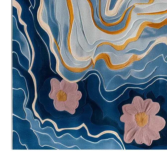 Vibrant Ebb and Bloom Hand Tufted Wool Area Rug featuring abstract blue waves and pink floral patterns. The intricate design adds a touch of elegance and modernity to any room decor.