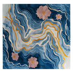 Top view of the Ebb and Bloom Hand Tufted Wool Area Rug featuring an abstract design with flowing blue and gold lines and soft pink floral accents, evoking a sense of movement and tranquility.