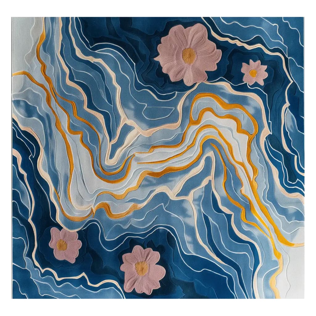 Top view of the Ebb and Bloom Hand Tufted Wool Area Rug featuring an abstract design with flowing blue and gold lines and soft pink floral accents, evoking a sense of movement and tranquility.