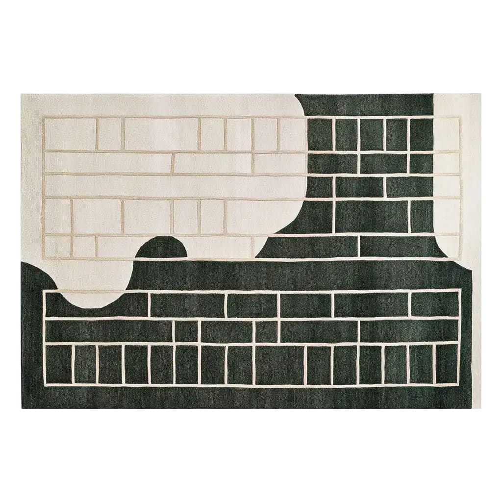 Top view of the Ebony Lattice Dream Knotted Wool Area Rug, showcasing an abstract design with cream and dark sections divided by geometric lines, offering a modern and stylish aesthetic.