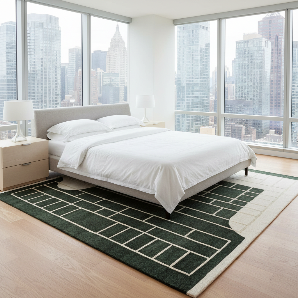 Modern bedroom with a large bed, green rug, and cityscape view.