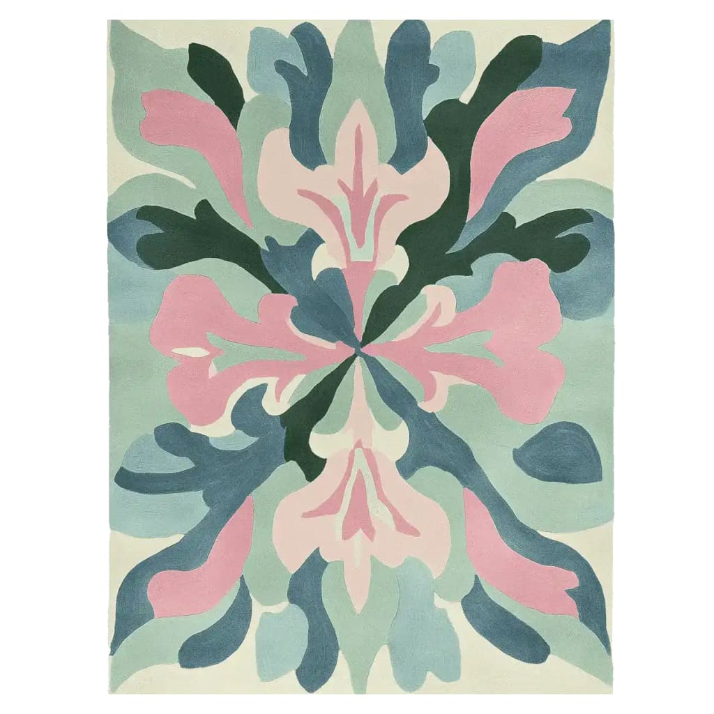 Echo Floral Fade Hand Tufted Area Rug showcasing a contemporary design with soft pastel colors. This large living room rug features an abstract floral pattern in shades of pink, green, and blue, made from high-quality wool for a luxurious feel.