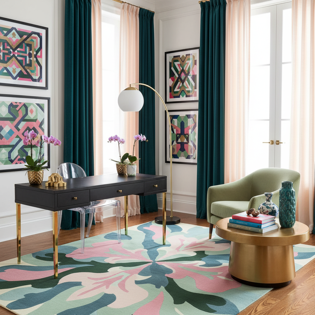 Modern office room with a desk, armchair, and colorful rug.