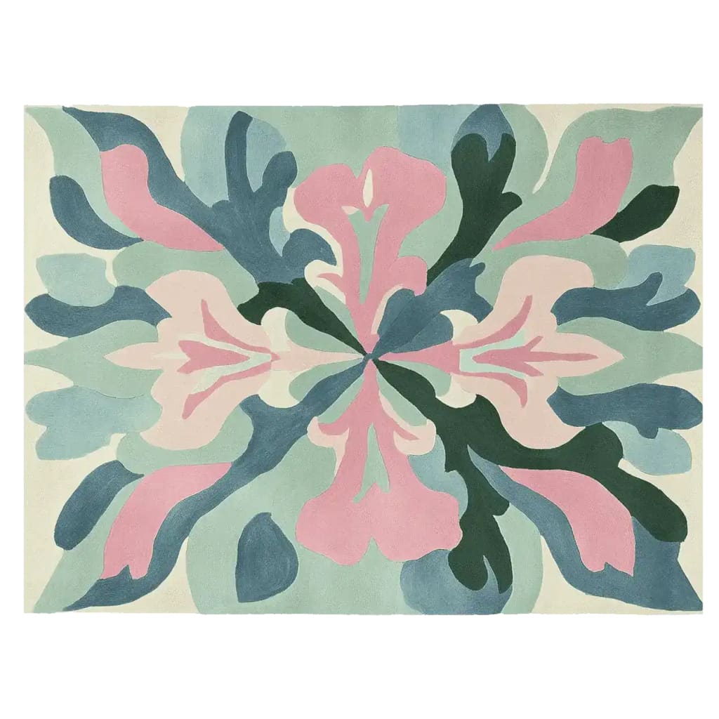 A beautifully designed Echo Floral Fade Hand Tufted Area Rug featuring an intricate floral pattern in soft pink, green, and blue hues. This contemporary rug is perfect for large living room spaces, adding a touch of elegance with its high-quality wool material.