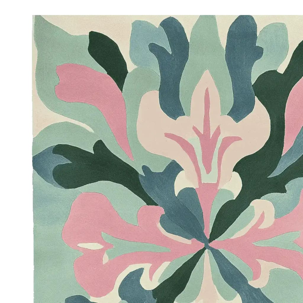 Close-up view of the Echo Floral Fade Hand Tufted Area Rug, showcasing its vibrant contemporary design. The rug features an abstract floral pattern in shades of pink, green, and blue, ideal for large living rooms. Made from high-quality wool, this rug offers a modern touch to any space.