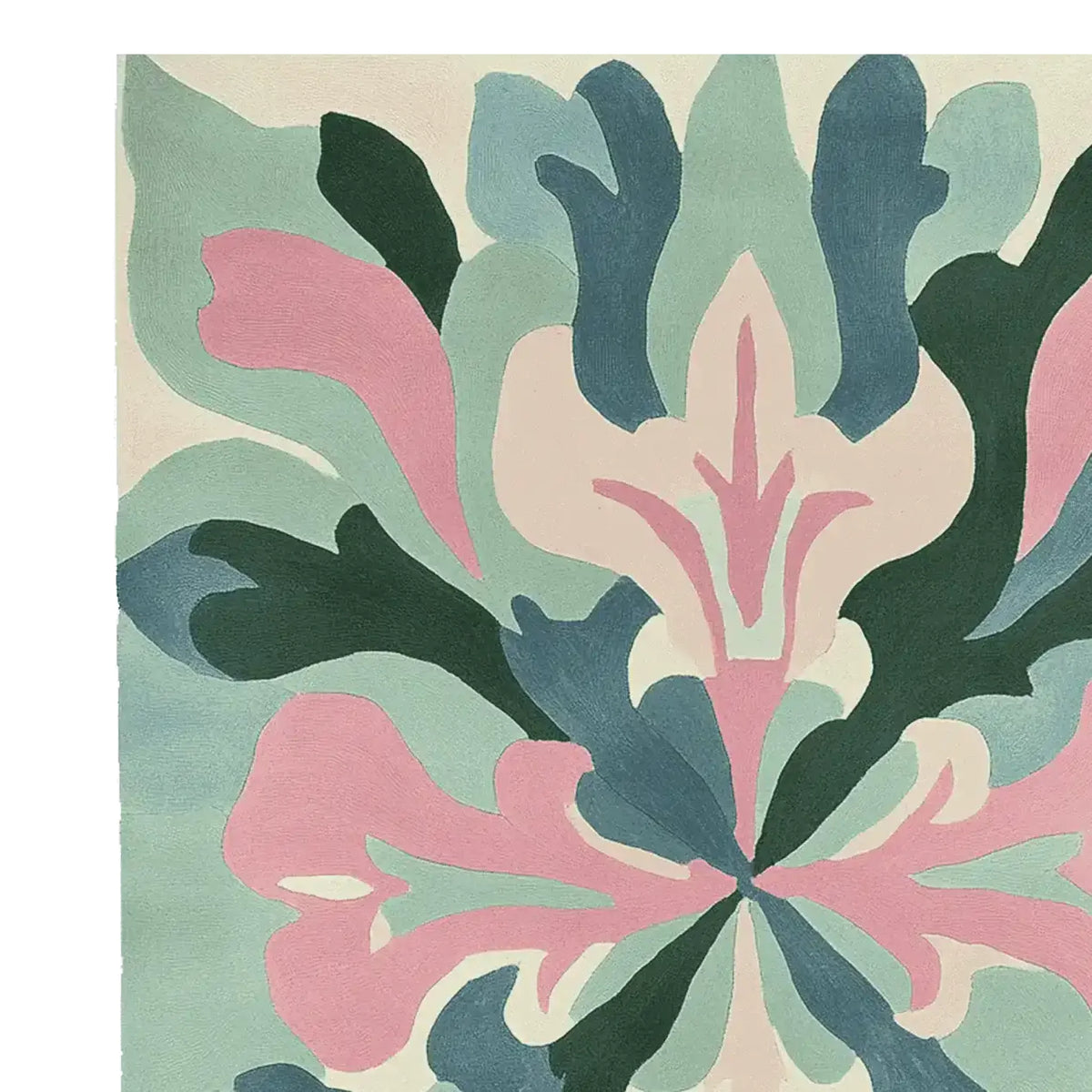Close-up view of the Echo Floral Fade Hand Tufted Area Rug, showcasing its vibrant contemporary design. The rug features an abstract floral pattern in shades of pink, green, and blue, ideal for large living rooms. Made from high-quality wool, this rug offers a modern touch to any space.