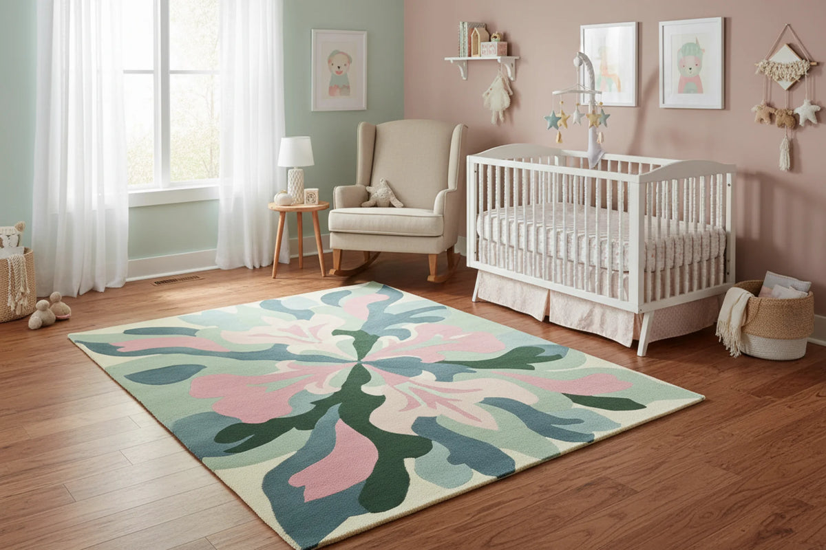 Nursery room with a crib, armchair, and colorful rug on wooden flooring.