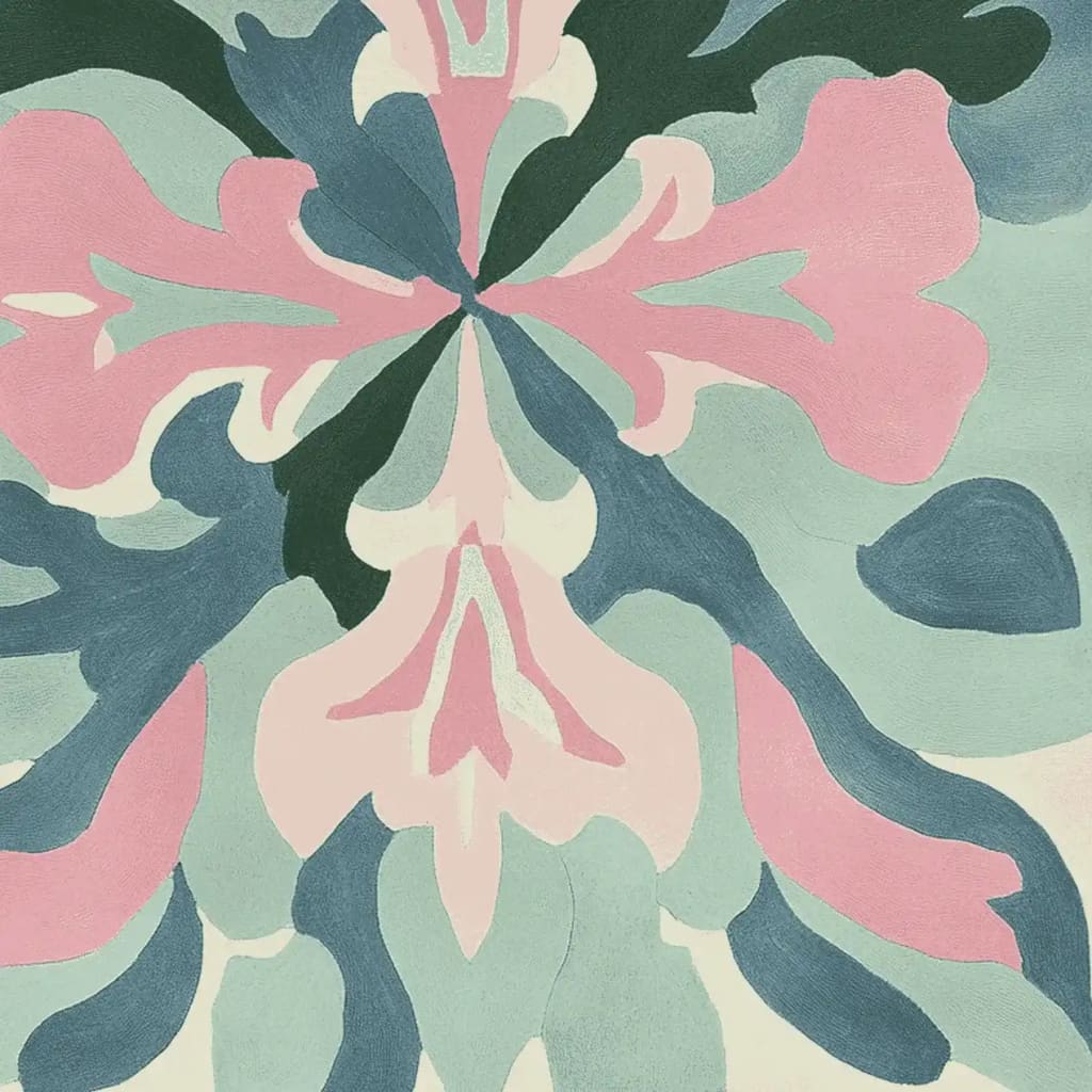 Top view of the Echo Floral Fade Hand Tufted Area Rug showcasing a contemporary abstract floral design in shades of pink, green, and blue. Perfect for large living rooms, this wool rug adds a modern touch to any space.