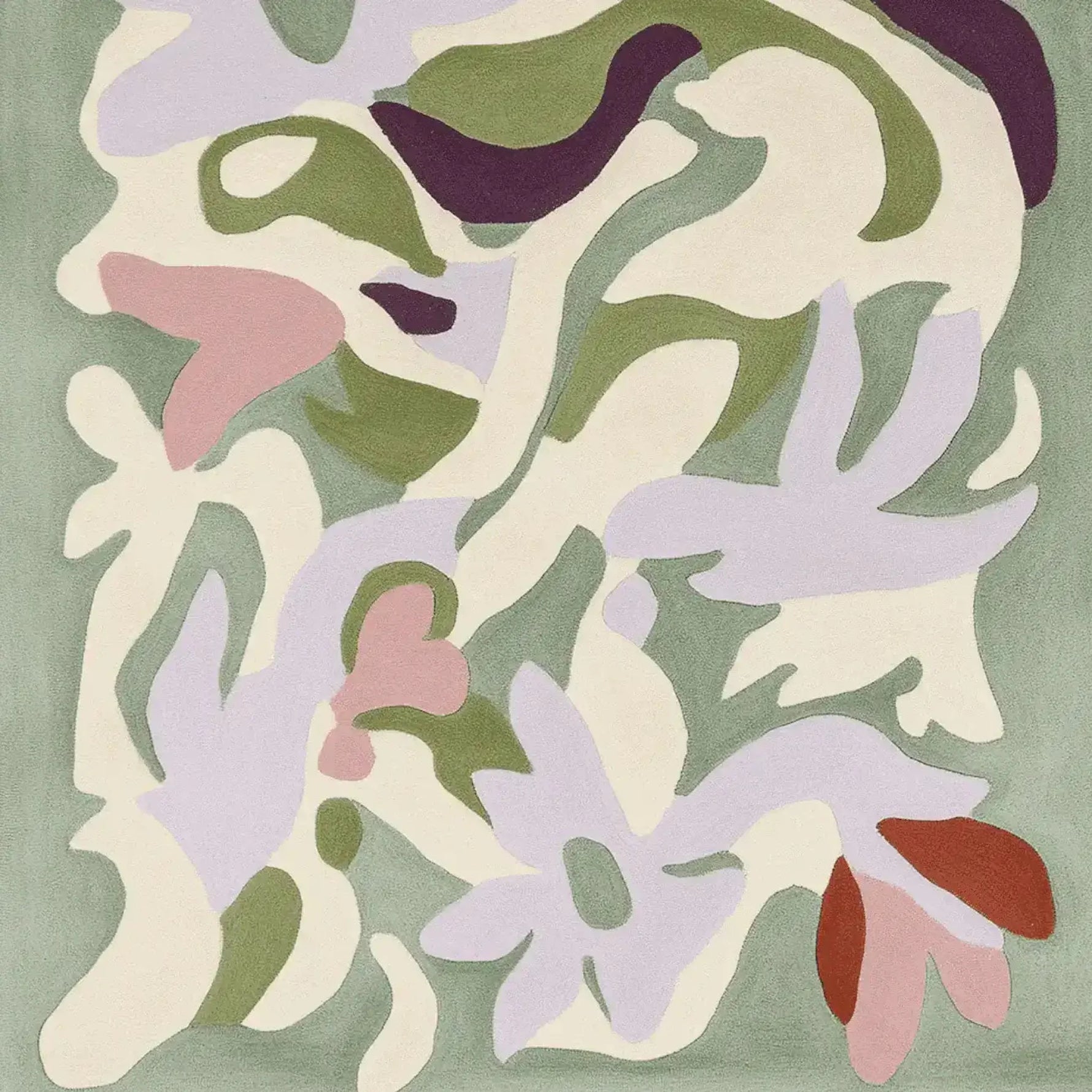 A vibrant Echo of Spring hand-tufted area rug showcasing an abstract floral pattern with lush green, soft lavender, and warm pink hues. This contemporary rug is perfect for adding a splash of color to any living room. Ideal as an 8x10 wool rug for large living room spaces.