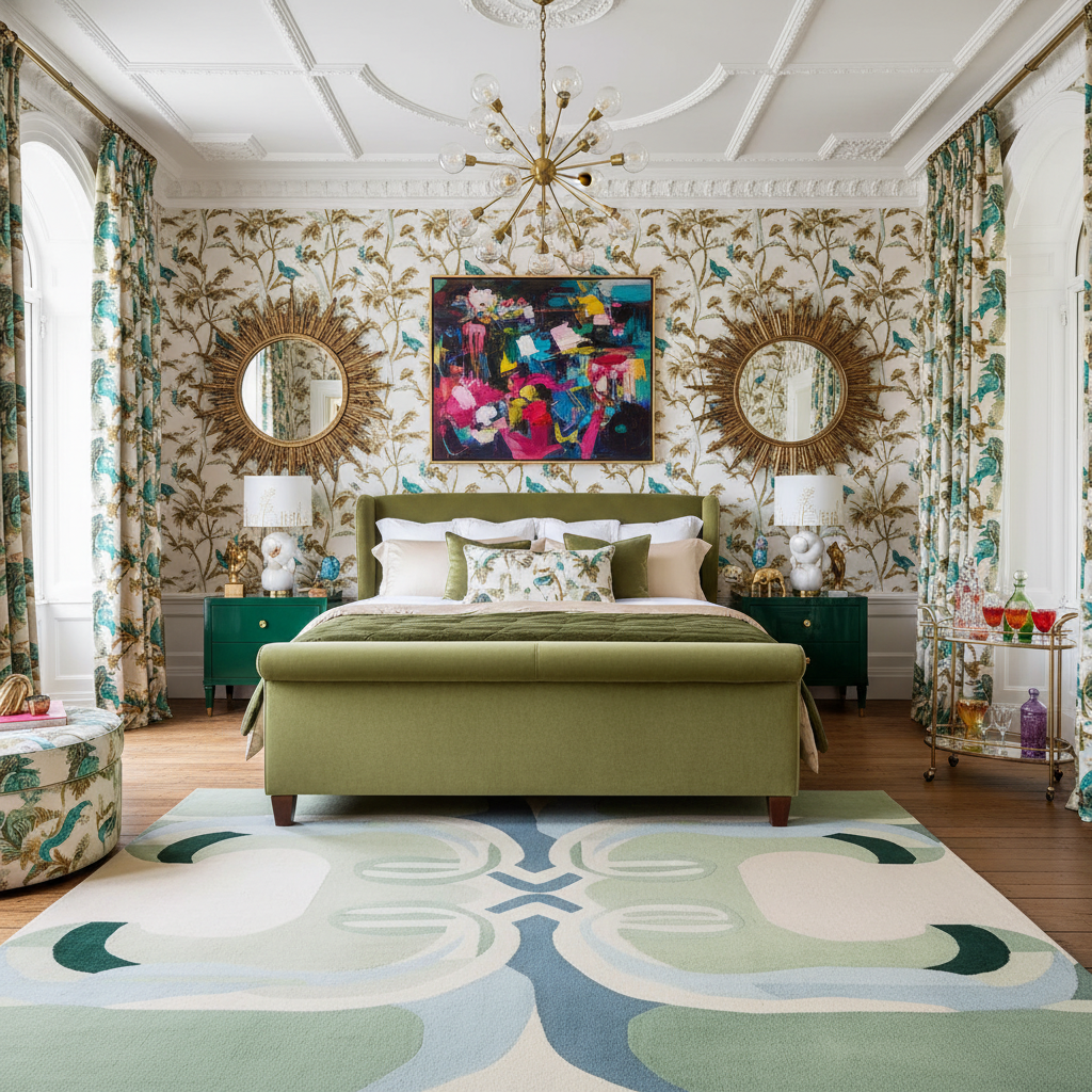 Luxurious bedroom with green bed, floral wallpaper, an abstract wool rug, and decorative elements.