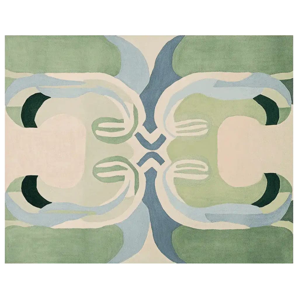 This image showcases the Echoes of Balance Hand Tufted Rug, a stunning area rug with an abstract design featuring green, blue, and beige tones. Ideal for contemporary spaces, this wool rug measures 8x10, making it a perfect choice for large living rooms.