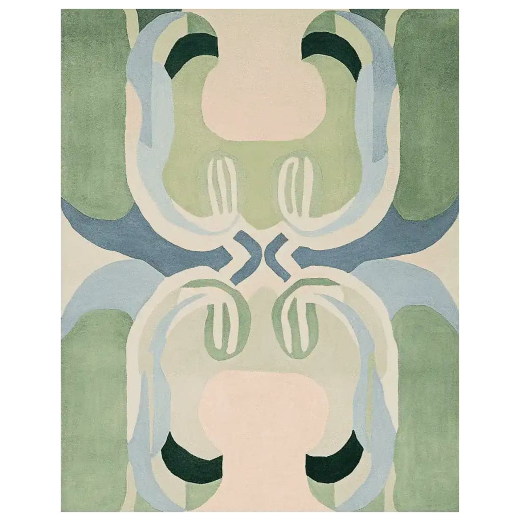 Top view of a contemporary hand-tufted area rug featuring abstract design in soft green, blue, and beige tones. Ideal for large living rooms, this 8x10 wool rug adds an artistic flair and balance to modern decor.