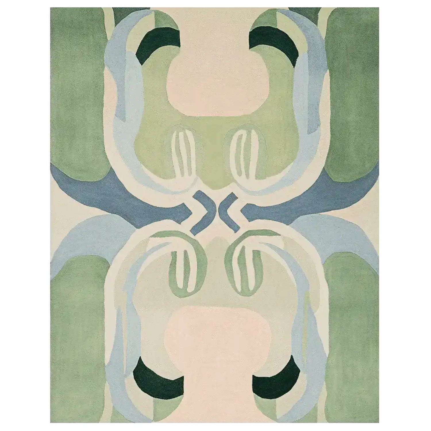 Top view of a contemporary hand-tufted area rug featuring abstract design in soft green, blue, and beige tones. Ideal for large living rooms, this 8x10 wool rug adds an artistic flair and balance to modern decor.