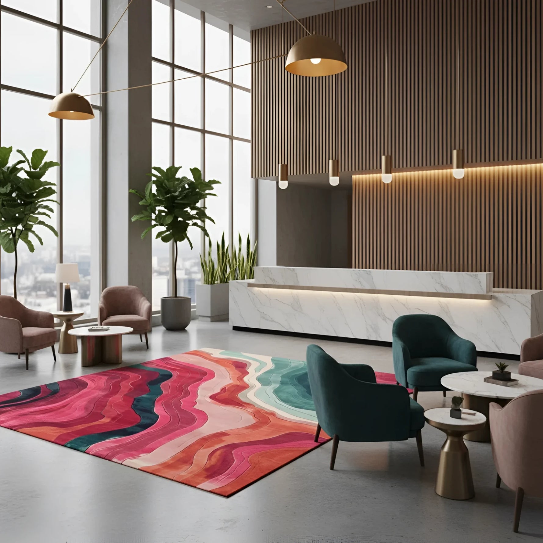Modern interior design of a lobby with colorful rug, chairs, and reception desk.