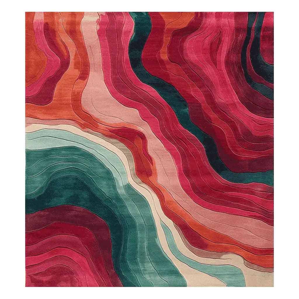 Top view of the Echoes of Color Hand Tufted Rug, a stunning area rug featuring an abstract design with vibrant waves of red, orange, and teal. This contemporary rug is a perfect wool rug choice for area rugs for living room, adding a bold splash of color and style.