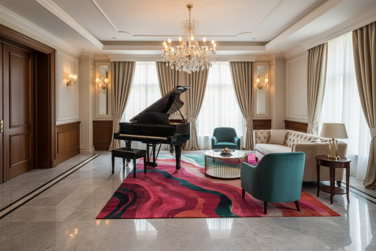 Luxurious living room with a grand piano, colorful rug, and elegant decor.