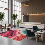 Modern interior design of a lobby with colorful rug, chairs, and reception desk.
