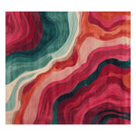 A vibrant and contemporary area rug featuring swirling patterns in rich red, green, and orange hues. Perfect for adding a touch of modern art to any living room space. This wool rug is ideal for those seeking stylish and unique area rugs for their living room.