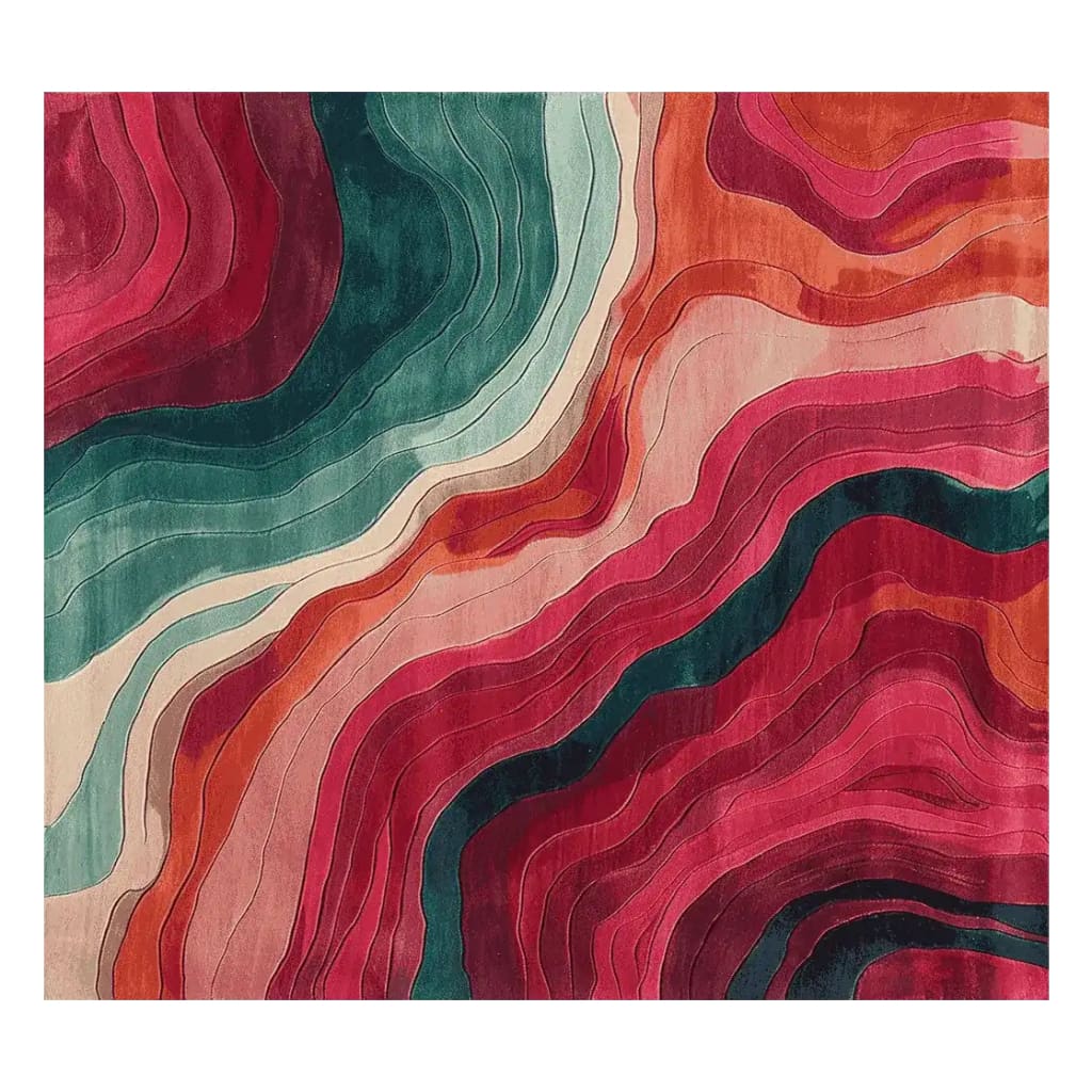 A vibrant and contemporary area rug featuring swirling patterns in rich red, green, and orange hues. Perfect for adding a touch of modern art to any living room space. This wool rug is ideal for those seeking stylish and unique area rugs for their living room.