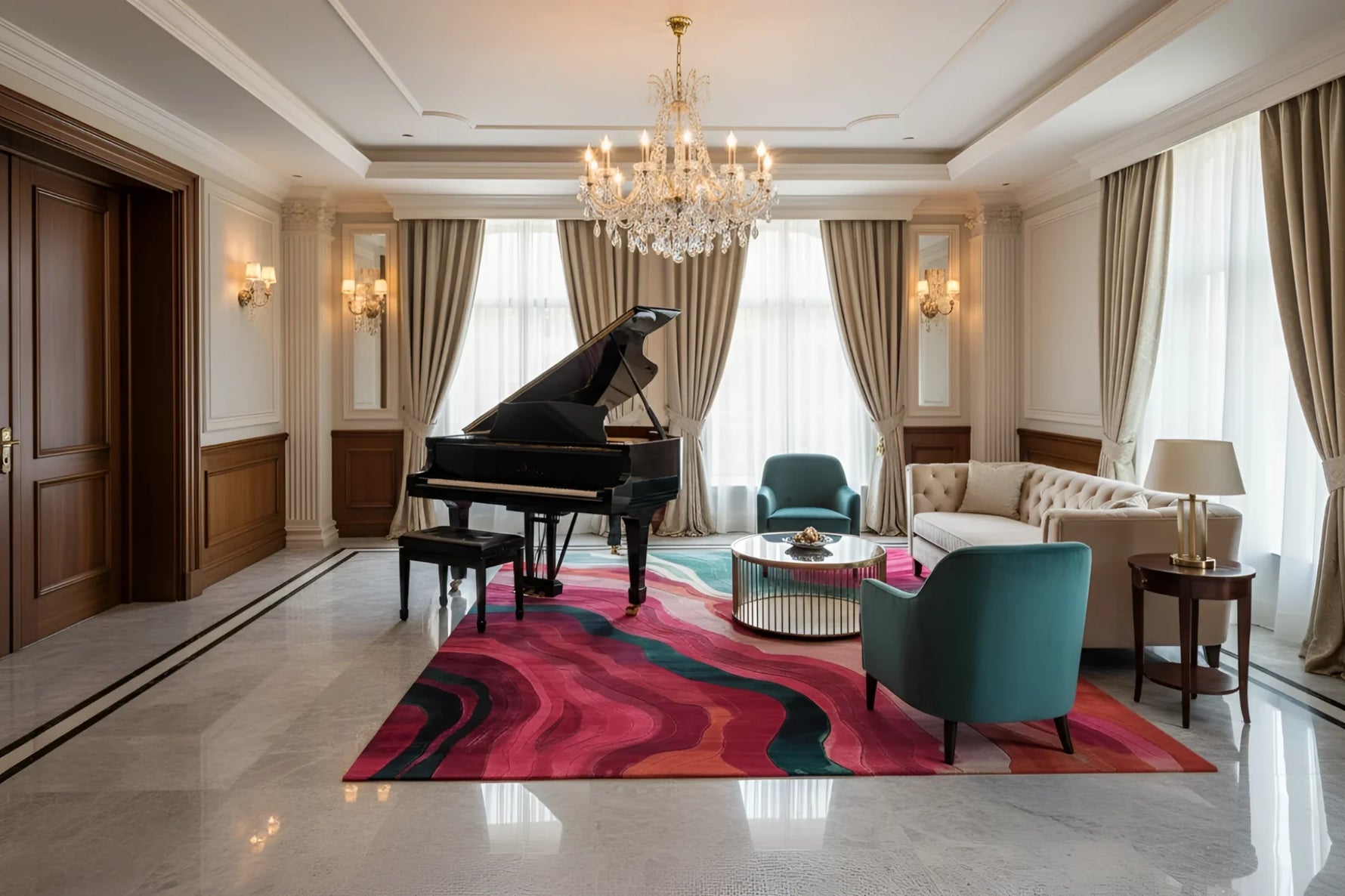 Luxurious living room with a grand piano, colorful rug, and elegant decor.