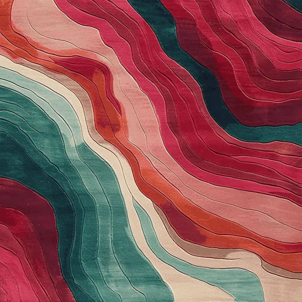 A vibrant area rug showcasing an abstract wave pattern in rich reds, teals, and creams. This contemporary rug, made from high-quality wool, is perfect for adding a splash of color to any living room. Ideal for those seeking unique and artistic area rugs for living room spaces.
