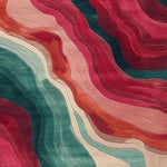 A vibrant area rug showcasing an abstract wave pattern in rich reds, teals, and creams. This contemporary rug, made from high-quality wool, is perfect for adding a splash of color to any living room. Ideal for those seeking unique and artistic area rugs for living room spaces.
