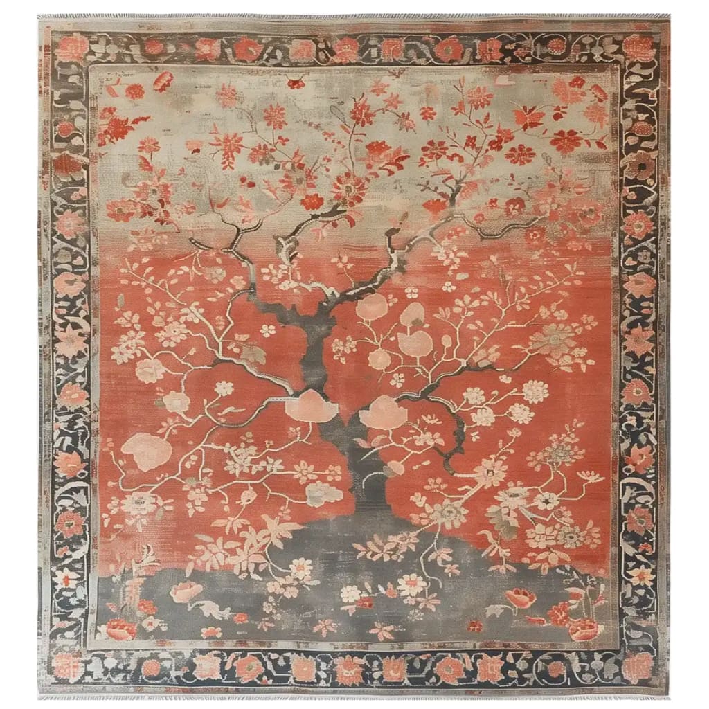 The Echoes of Eden Knotted Wool Rug features a stunning design with intricate floral patterns and a central tree motif. The area rug showcases a blend of warm red and soft gray tones, framed by a detailed border of blossoms. Its elegant craftsmanship adds a touch of sophistication to any space.