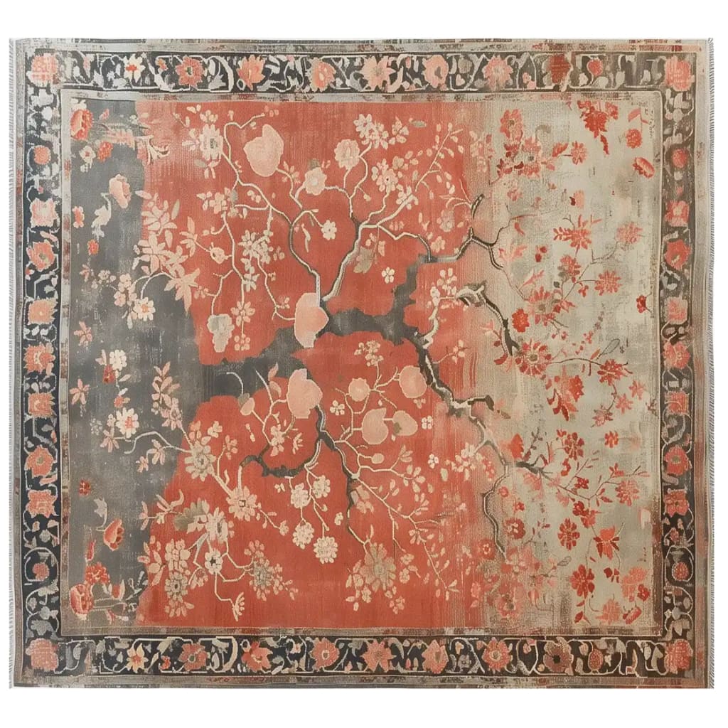 Top view of the Echoes of Eden Knotted Wool Area Rug showcasing an intricate floral design with a blend of warm coral and subtle gray hues, bordered by a delicate floral pattern.