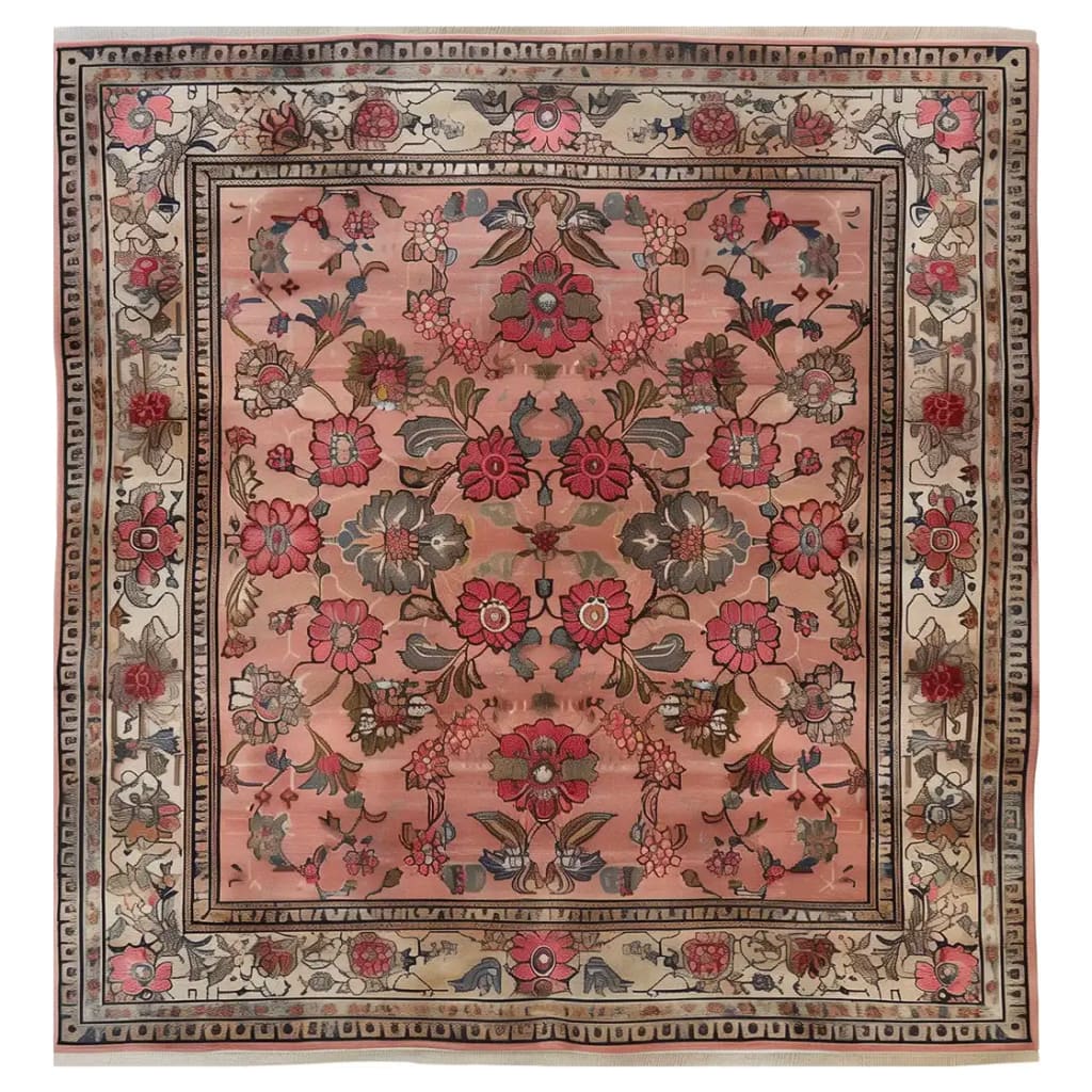Top view of an Echoes of Eden Knotted Wool Area Rug featuring intricate floral patterns in shades of red, pink, and gray on a warm beige background. The elegant border highlights traditional motifs, adding a touch of classic sophistication to any room.