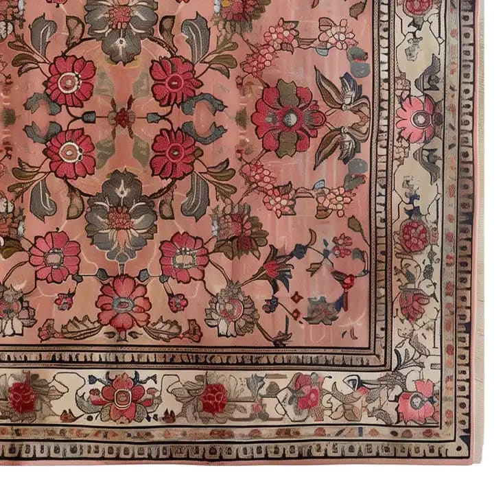 Top view of the Echoes of Eden Knotted Wool Rug featuring a vibrant floral design in warm tones. This area rug is perfect for adding a touch of elegance and warmth to any living room, making it a standout choice among floral rugs and area rugs for living room settings.