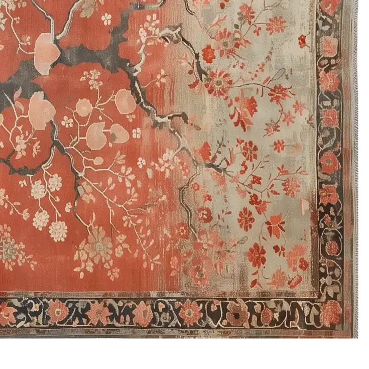 Top view of the Echoes of Eden Knotted Wool Area Rug featuring a vibrant abstract floral design with rich reds and soft creams, bordered by intricate patterns.