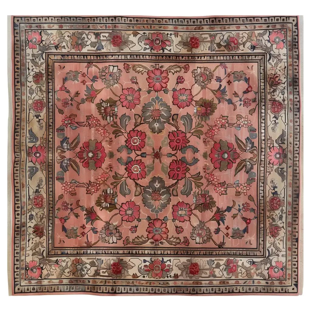 Top view of the Echoes of Eden Knotted Wool Rug showcasing an intricate floral pattern with vibrant red and earthy tones on a soft background. This area rug adds elegance and warmth to any room.