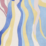 Top view of the Echoes of Motion Hand Tufted Rug, an area rug featuring a contemporary design with flowing abstract patterns in blue, yellow, and cream. Perfect for adding a modern touch to living room spaces, this wool rug measures 8x10, ideal for use as a living room area rug.