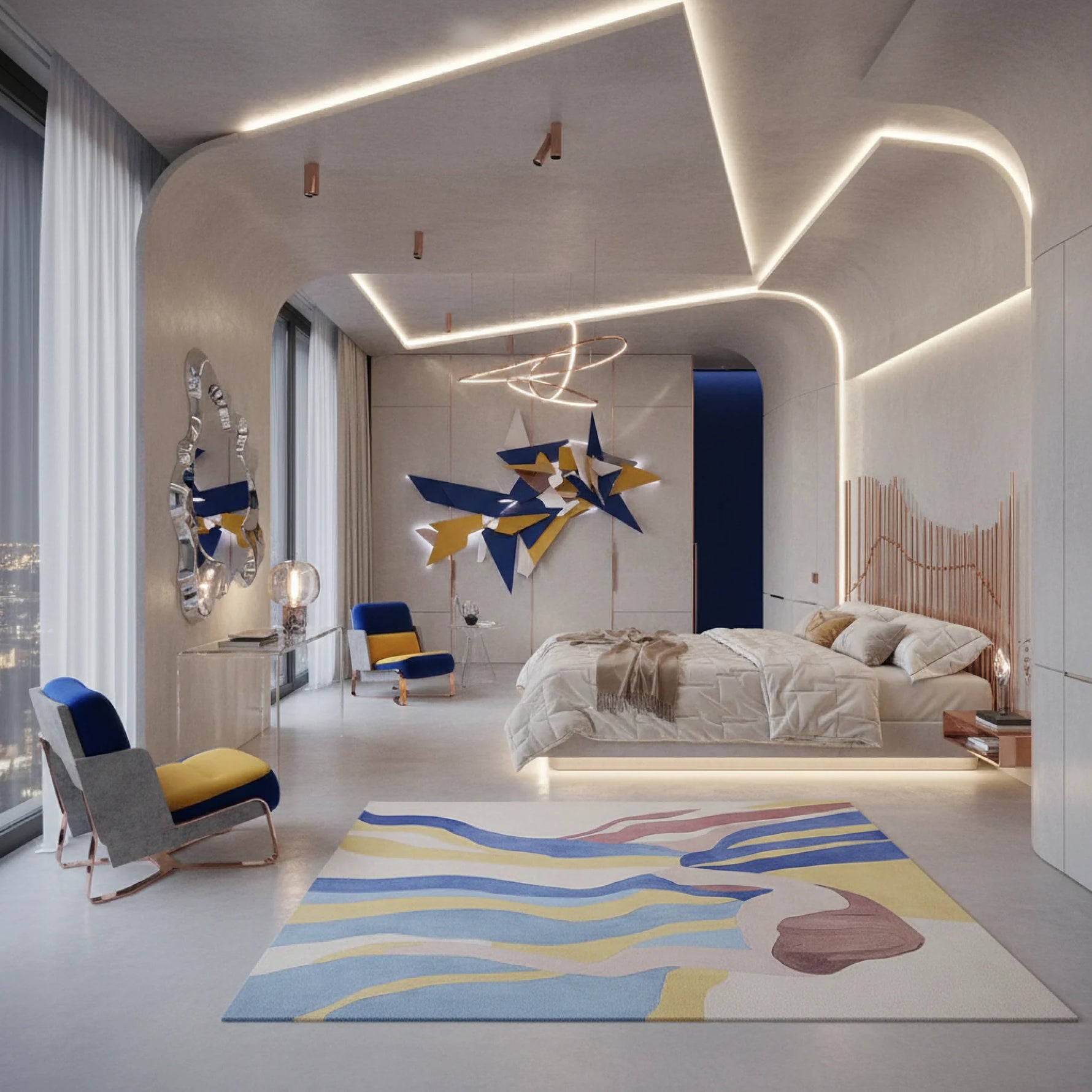 Modern bedroom with abstract art, colorful rug, and stylish furniture.