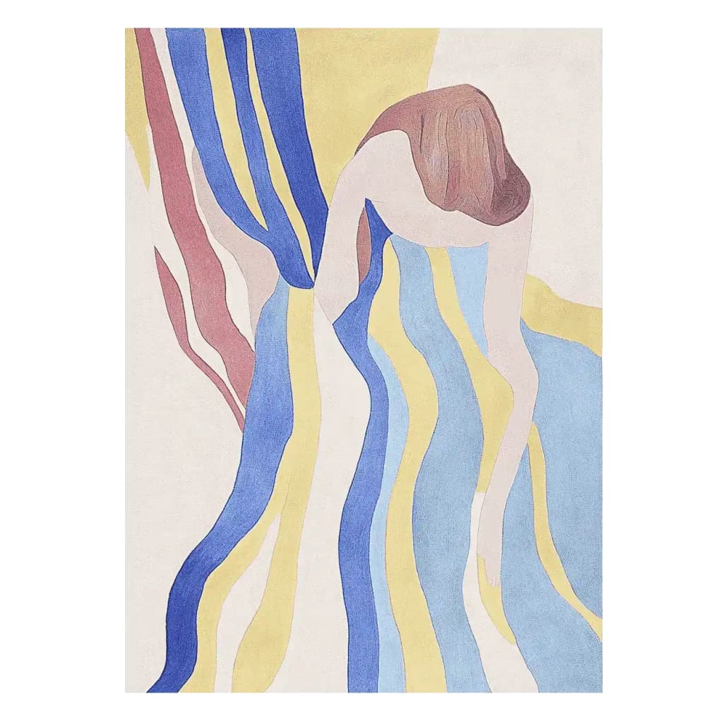 A vibrant area rug featuring an abstract design of flowing lines in blue, yellow, and red tones, resembling a contemporary interpretation of motion. This hand tufted wool rug is perfect for adding a splash of color to your living room, ideally sized at 8x10 for a modern area rug aesthetic.