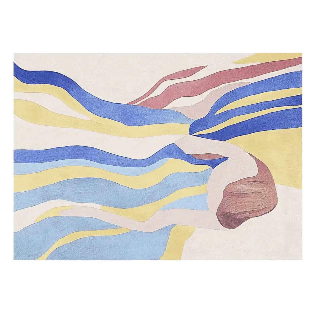 An artistic area rug featuring a contemporary design with flowing lines in blue, yellow, and red. This hand-tufted wool rug, perfect for living room spaces, measures 8x10 and adds a modern touch as a stylish living room area rug.