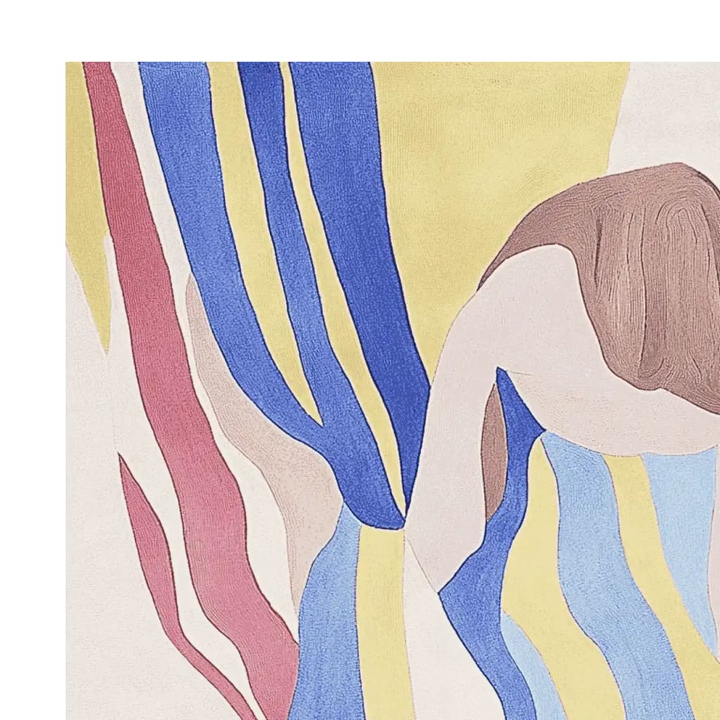 Vibrant Echoes of Motion hand tufted area rug featuring abstract patterns in blue, yellow, pink, and brown. This contemporary rug, perfect for living room area rugs 8x10, is crafted from premium wool, adding a touch of modern elegance to any space.