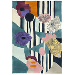Eclectic Bloom Hand Tufted Rug featuring a vibrant abstract design with bold floral patterns and stripes. This large area rug is perfect for adding a contemporary touch to your living room. Made from high-quality wool, it offers both durability and style, making it an ideal choice for those seeking beautiful rugs for living room decor.