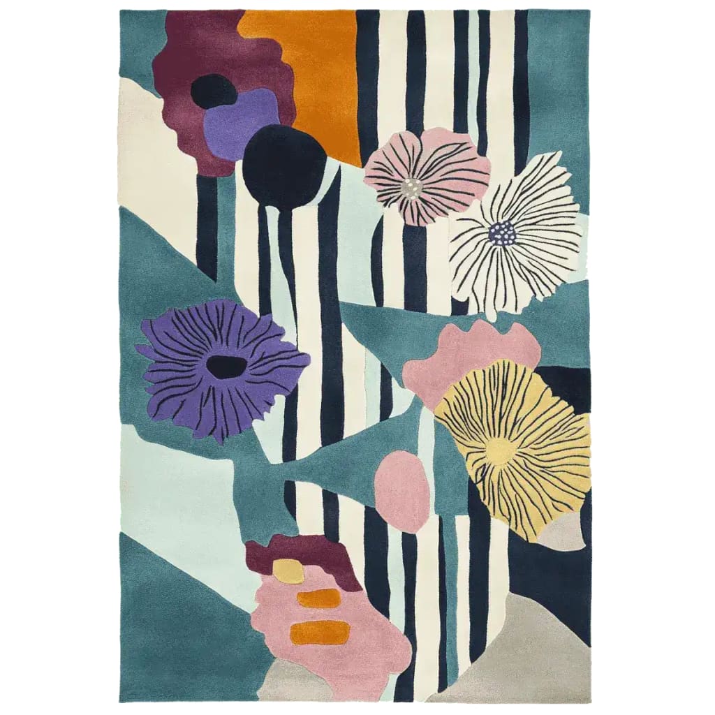 Eclectic Bloom Hand Tufted Rug featuring a vibrant abstract design with bold floral patterns and stripes. This large area rug is perfect for adding a contemporary touch to your living room. Made from high-quality wool, it offers both durability and style, making it an ideal choice for those seeking beautiful rugs for living room decor.